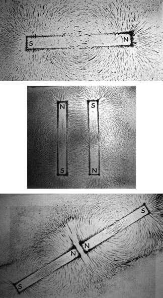 Figure 1.3: Sequence of three photos shows the effect of magnetic interactions on iron filings.