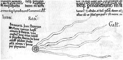 Early drawing of a comet, or "hairy star" (Halley in 1145), with inscriptions about rarity and portents of comets
