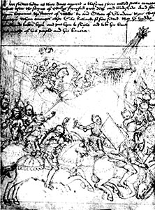 Drawing of battle scene with a daylight comet; 1402 CE