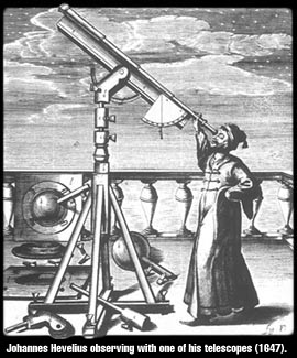An historic drawing of Johannes Hevelius observing the heavens with his telescope (1647)