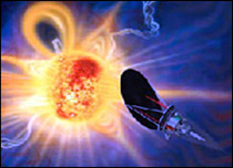 An artists rendering of the Solar Probe space craft approaching the active Sun