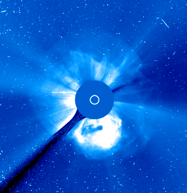 An image of the Coronal Mass Ejection (CME) observed by the SOHO/LASCO coronagraphs.