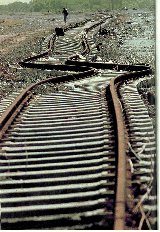 [A picture of earthquake-moved railroad tracks]