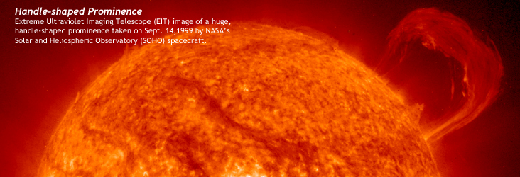 Caption: Extreme Ultraviolet Imaging Telescope (EIT) image of a huge, handle-shaped prominence taken on 9/14/99 by NASA's SOHO project. Link to NASA's STEREO graphics gallery