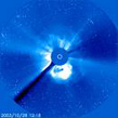 A blue-colored image showing a CME.
