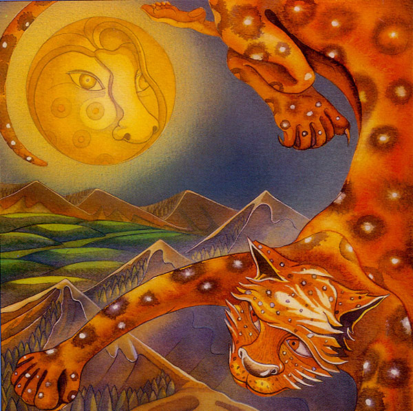 Illustration by C. Shana Greger depicts a pock-marked sun overlooking mountains and a spotted leopard 