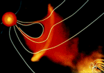 Red circle with yellow center, Sun, radiates a few wavey lines representing magnetic field lines.