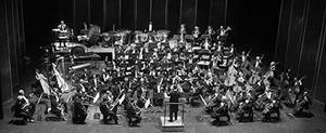 Black and white image of an orchestra